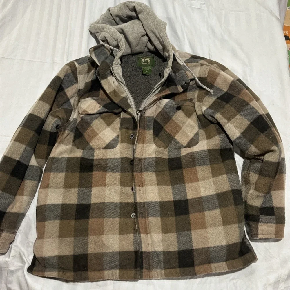 Gorpcore Mens Stillwater Supply Co‎ Fleece Hooded Shirt Jacket M Brown Plaid